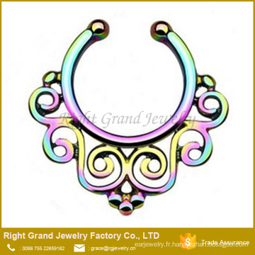 Anneau de nez Septum de faux Tribal plaqué or titane arc en ciel